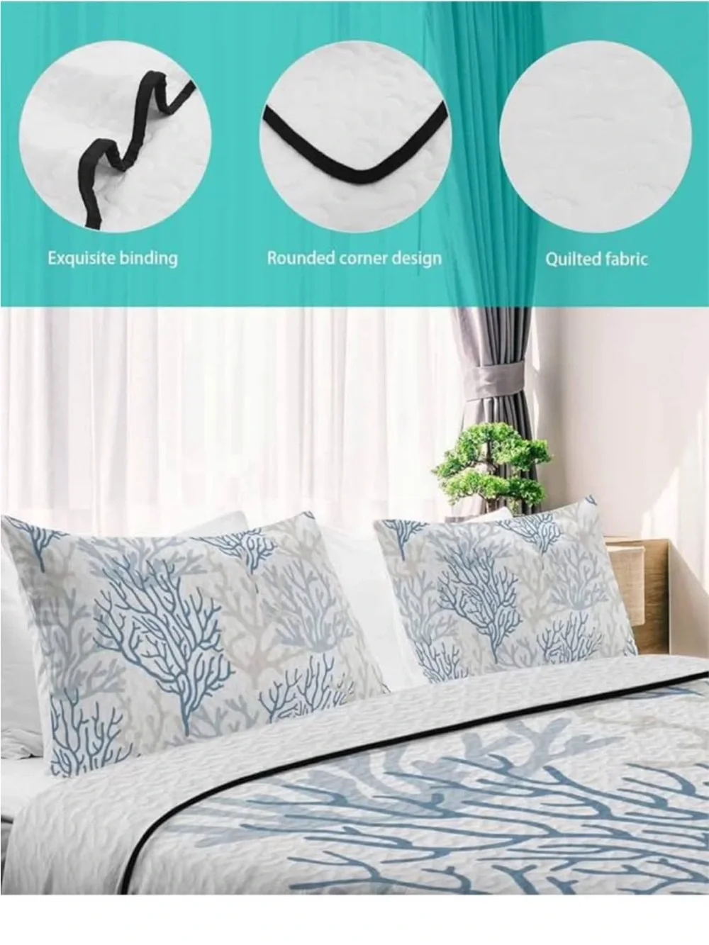 King Size Quilt Set, Ocean Blue Coral Seamless White Lightweight Bedspread Cover